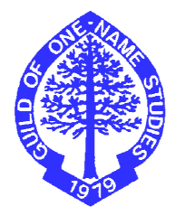 Picture logo for the Guild of One-Name Studies. Tree in a crest. Click here to go to their home page.